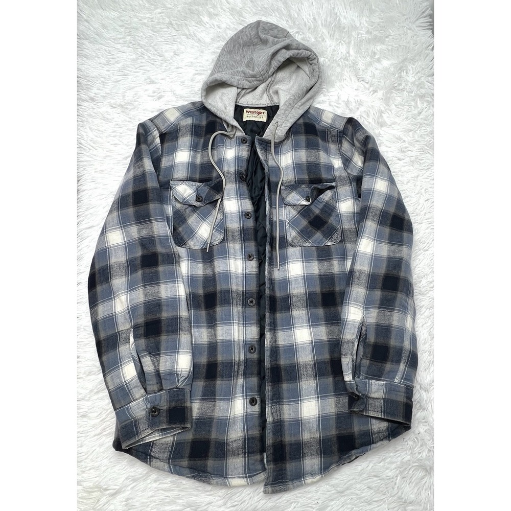 Wrangler Authentics Mens Quilted S Small Flannel Plaid Jacket Hoodie Blue White